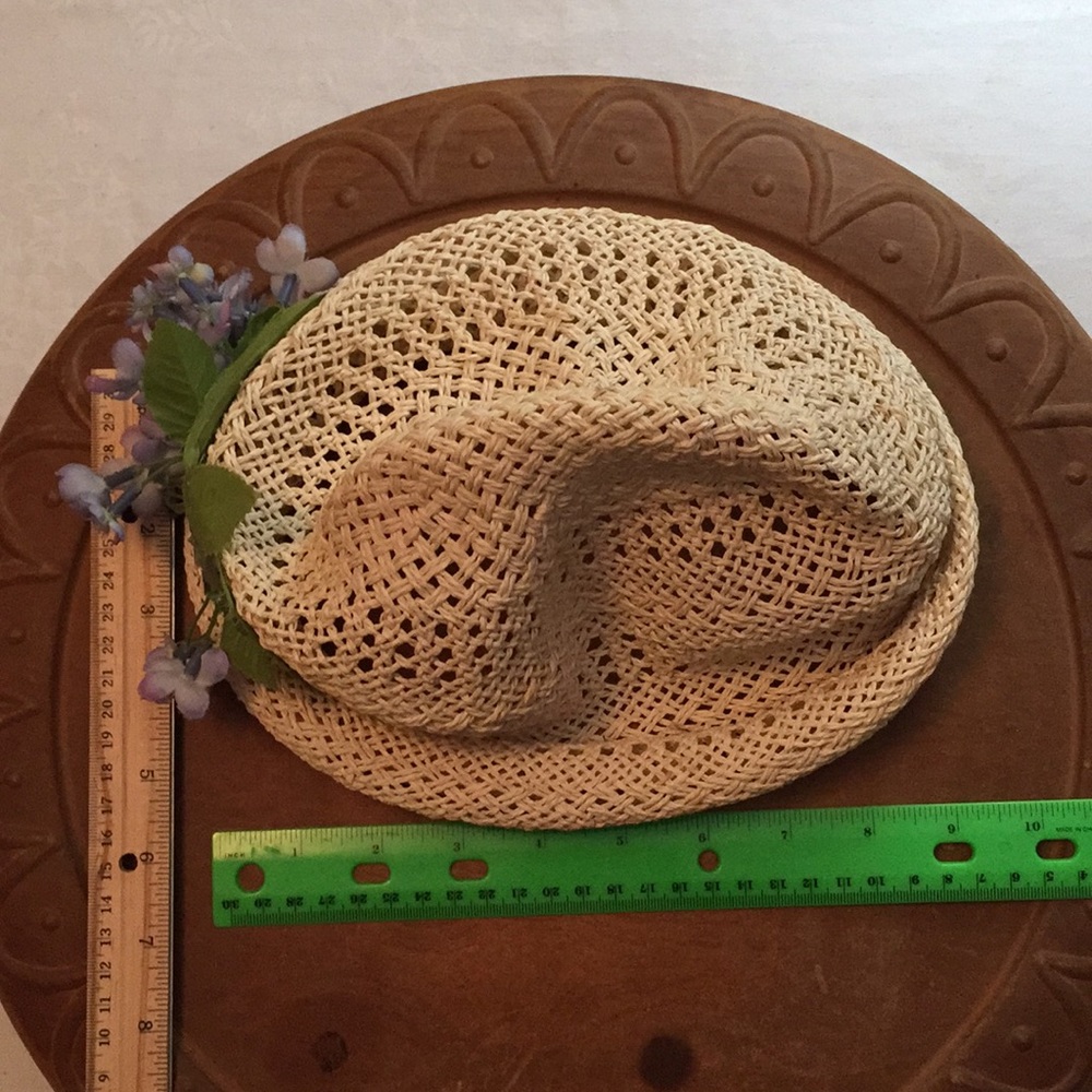 Tan hat with blue flowers